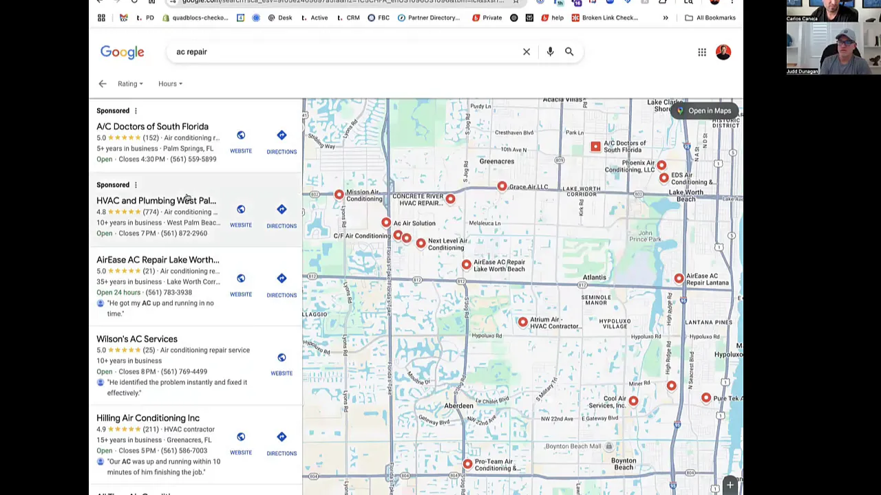 Local search results showing businesses with numerous reviews
